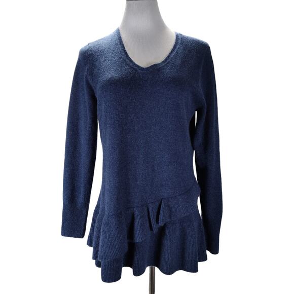 Isaac Mizrahi Live Cashmere Sweater M Blue Ruffle Hem Peplum Knit - Picture 2 of 10